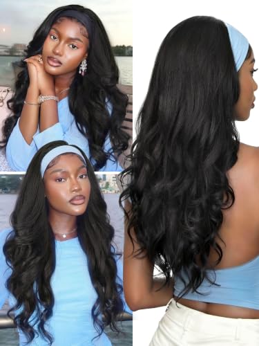 Lady Miranda Wavy Curly Headband Wig - Black, 26 Inch Layered Flip Curls