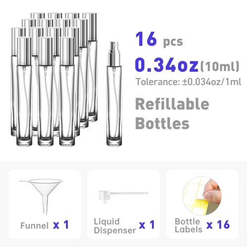 Travel Perfume Bottle Refillable, 16pcs 10ML Mini Glass Perfume Containers with Funnel and Label, Empty Portable Leak-proof Fragrance Bottles Spray Atomizer Pump Bottle Kit for Toiletries
