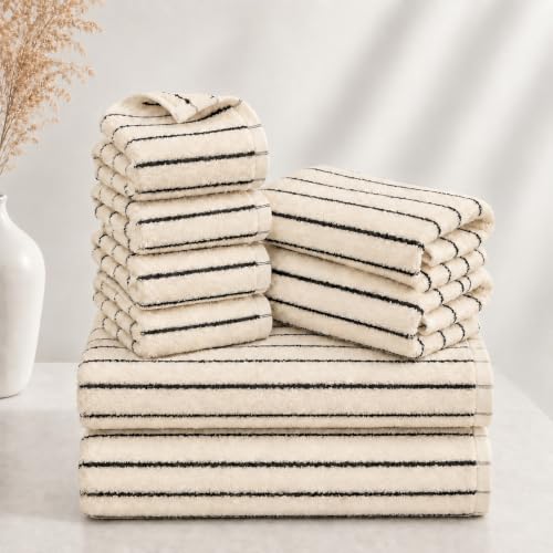 Black & Ivory Cotton Bath Towel Set - 8 Pack, Soft & Absorbent