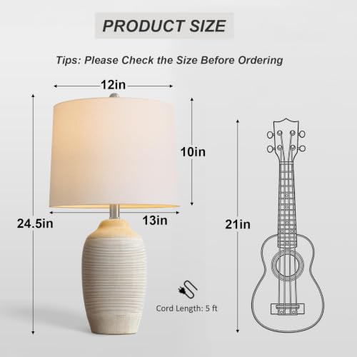 Retro Beige Ceramic Table Lamp with Pre-Attached Linen Shade - 24.5" Living Room Decor