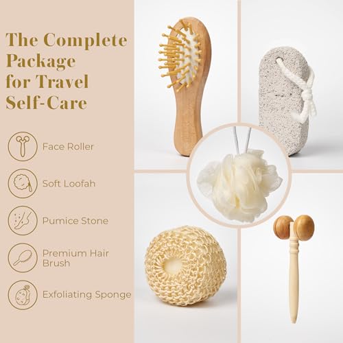 Bella Ciao 6-Piece Body and Skincare Set, Women¡¯s Spa Gift Basket with Face Massage Roller, Hair Brush, Exfoliating Tools and Wooden Tray, Self Care Bath Accessories