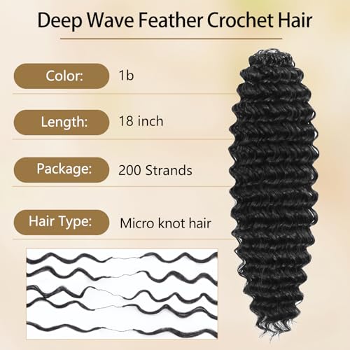 Deep Wave Feather Crochet Hair 200 Strands 18 Inch 1B for Black Women - Knotless, Natural Look
