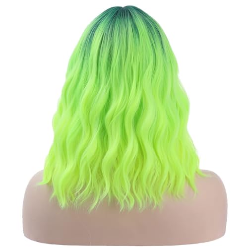 Neon Green Wig with Bangs & Dark Root Ombre - Short Curly 14 Inch Synthetic Hair for Women, Party & Daily Wear