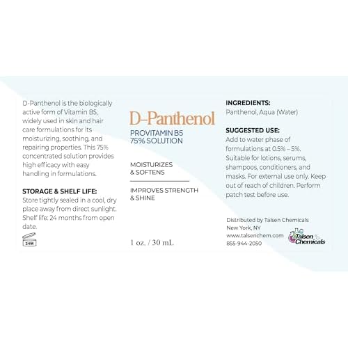 D-Panthenol Liquid 75% Provitamin B5 Solution (1 Oz / 30 mL) ? Provitamin B5 (D-Panthenol) 75% Solution for Skin, Hair, and Cosmetic Formulations, Moisturizing Ingredient by Talsen Chemicals