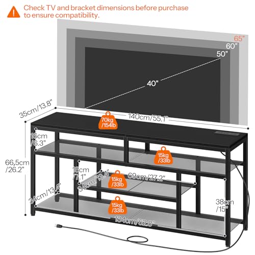 HOOBRO 65-Inch TV Stand with Charging Station – 4-Tier Open Media Console, Black