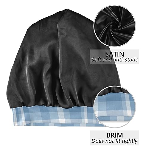 Satin Bonnet Wrap for Sleeping - Lined Sleep Cap for Curly Hair Women & Men - Blue Plaid