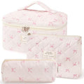 3Pcs Makeup Bag Cute Cosmetic Bags for Women, Large Capacity Travel Quilted Makeup Bag Set,Cotton Floral Makeup Pouch, Coquette Puffy Toiletry Bag,Attractive Quilted Pouch (Pink bow)