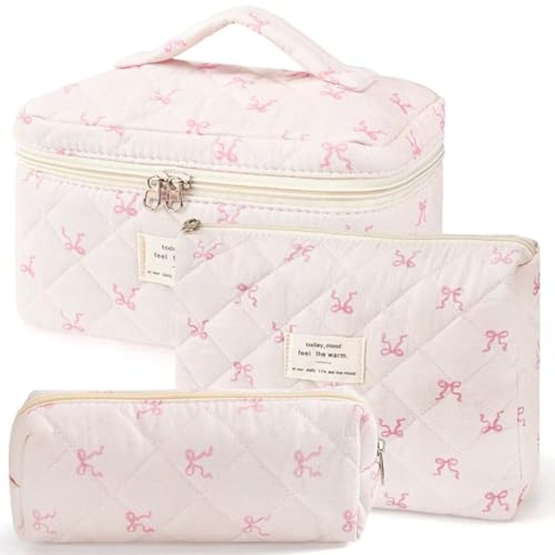 3Pcs Makeup Bag Cute Cosmetic Bags for Women, Large Capacity Travel Quilted Makeup Bag Set,Cotton Floral Makeup Pouch, Coquette Puffy Toiletry Bag,Attractive Quilted Pouch (Pink bow)