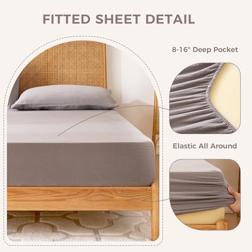 King Size Cotton Muslin Sheet Set - Grey 4-Piece Breathable Bed Sheets