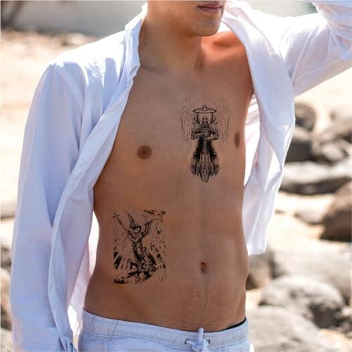 Cool Warrior Roman Temporary Tattoo For Men, Large Black Realistic 3D Greek God Gladiator Fake Tattoo Adult Teen Boy, Spartan Knight Lion Cross Temp Tatoo Sticker Half Sleeve Arm Chest Body, 8-Sheet