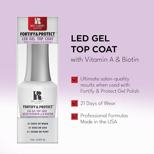RC Red Carpet Manicure Fortify & Protect LED Gel Top Coat ? High Shine Top with Vitamin A & Biotin, Long-Lasting, Strengthens Nails, No Chipping or Peeling (0.3 Fl Oz) (Pack of 2)