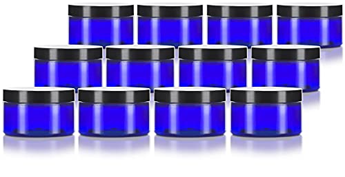 12 Pack Cobalt Blue Refillable Plastic Jars with Black Lids - 4 oz Food & Cosmetic Storage Containers