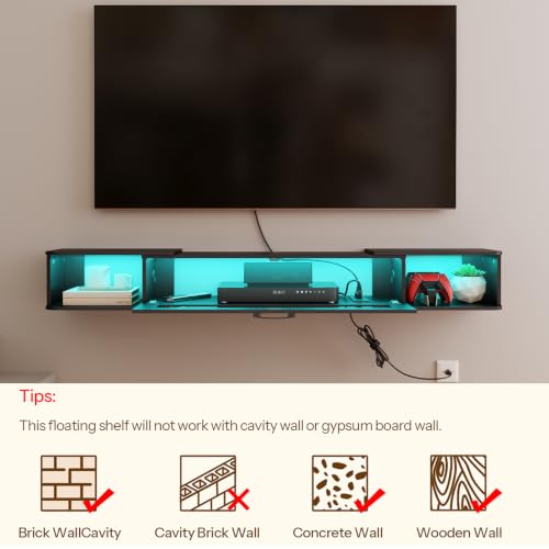 63 Inch Floating TV Stand with LED Light Wall Mount Power Outlet Black