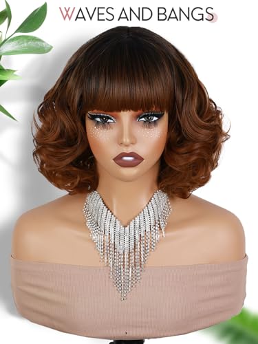 Short Curly Wig with Bangs - Ombre 2# Brown Variation