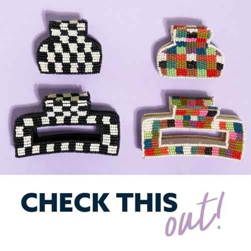 INK+ALLOY Beaded Hair Clips, Lola Large Statement Boho Cute Claw Clips for Women, Secure Hold for Thin & Thick Hair, Handmade Accessories for the Modern Bohemian, 3.5-Inches (Multi Color Checkered)