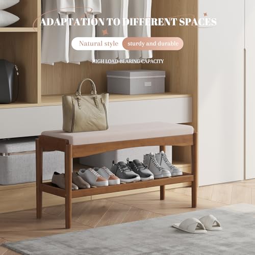 STDDRE Bamboo Shoe Bench with Cushion Seat 2-Tier Entryway Organizer, Brown-Beige, 31.5x11.4x16.5 Inches