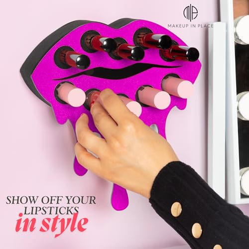 MAKEUP IN PLACE Fearless Lip Lipstick Organizer - Acrylic Lipstick Holder and Organizer for Women Patented Wall Mounted Minimalistic Design Saves Time - Holds 10 Items (Pink Shimmer)