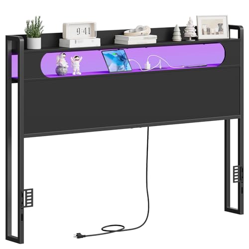 CHOEZON Queen Headboard with Storage, Charging Station & LED Light, Adjustable Metal Frame, Black