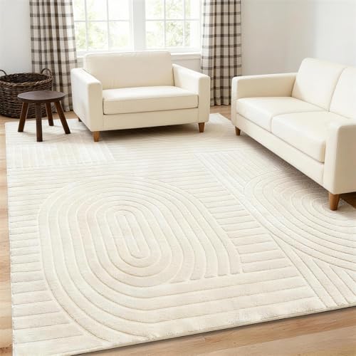 Light Beige 5x7 Geometric Washable Area Rug for Living Room - Solid Beige