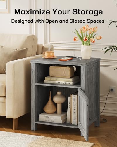 Farmhouse Nightstand with Charging Station and Storage - Dark Grey Wood End Table