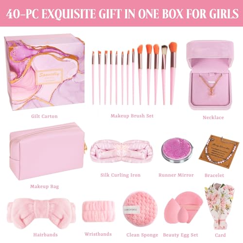 40PCS Trendy Stuff Gifts Set for Teen Girls -Makeup Brushes Set + Blending Sponges + Silk Heatless Curling Set + Jewelry Set & Skincare Headbands | Birthday Gift for Daughter, Niece, Her (Pink)