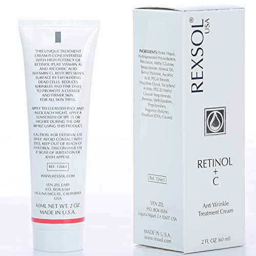 REXSOL Retinol + Vitamin C Anti-Aging Cream | Effective Night Face Care & Dark Spot Remover | Anti-Aging Neck Cream & Wrinkle Cream That Truly Works | Infused with Vitamin E, A - 2 OZ