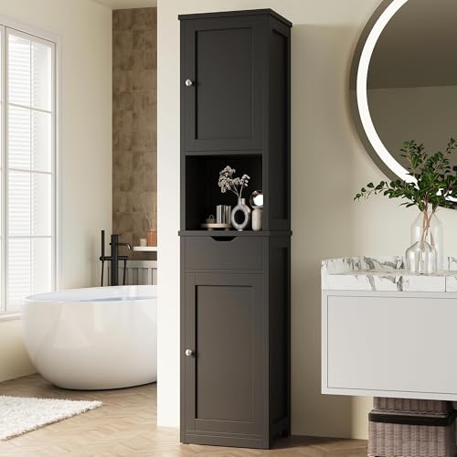 Tall Bathroom Storage Cabinet - Narrow Slim Black Cabinet with Drawers & Shelves - Corner Unit