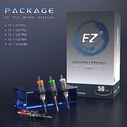 EZ Tattoo Cartridge Needles Assorted 50Pcs #12 Mixed for Rotary Pen Machines Variation of Mixed-12-RL/RS/M1/RM