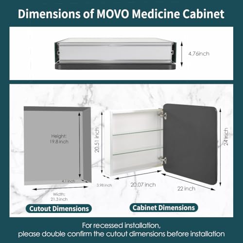Black 24x22 Inch Bathroom Medicine Cabinet with Mirror & Adjustable Shelves