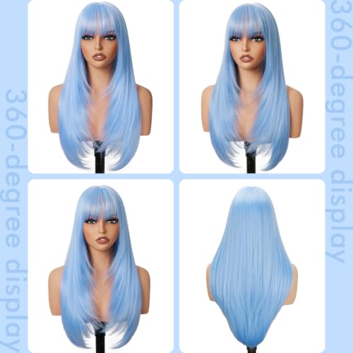 Light Blue Synthetic Wig with Bangs, Long Straight Layered 26 Inches - Cosplay & Formal