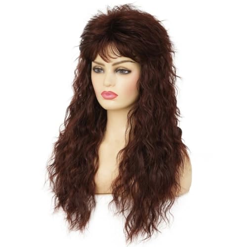 Brown Long Curly Wig for Women - 70s 80s Rocker Punk Style with Bangs, Synthetic Fiber, Halloween & Party Costume