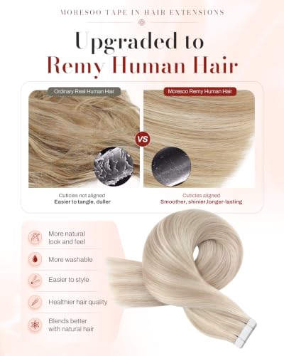 Moresoo Blonde Tape-in Hair Extensions Ash Blonde 18 Inch 20 Pieces - Variation 1-18P613 Highlights