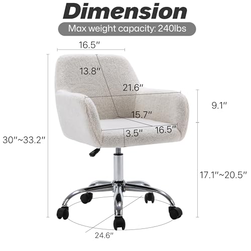 KCC Faux Fur Makeup Vanity Chair White Plush with Wheels and Adjustable Height
