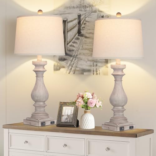 Gray 29-Inch Tall Table Lamp Set of 2 with USB-C & Outlets - Dimmable Touch Control Bedside Lamps