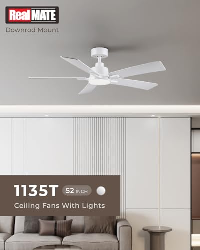 52 Inch White Ceiling Fan with Lights & Remote - Dual Color Blades, Downrod Model