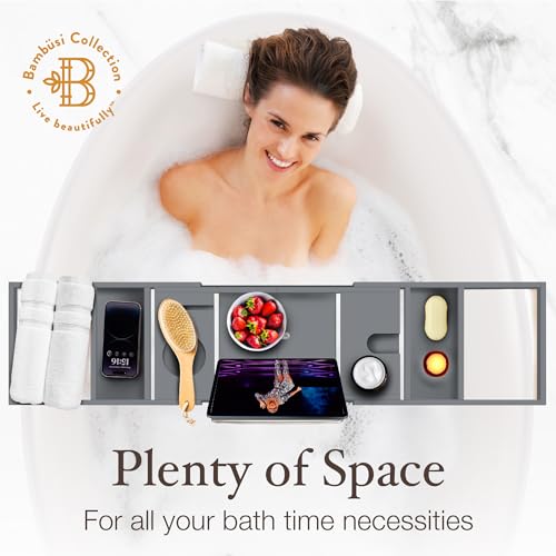 Wooden Bathtub Tray - Foldable and Expandable Bamboo Bath Tray for Tub with Wine Holder, Book & Tablet Stand - Bath Caddy Tray for Bathtub, Bath Accessories, Tub Tray Table, Gift Idea (Charcoal Grey)
