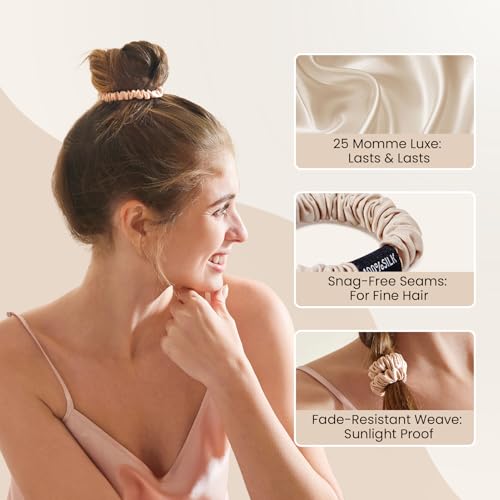 Silk Scrunchies 6 Pack - Mulberry Silk Hair Ties with Elastic Band, Beige/Black/Charcoal