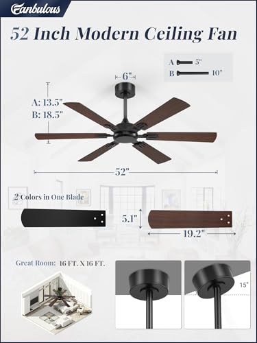 52-Inch Ceiling Fan No Light with Remote Dual Finish Black Walnut Reversible
