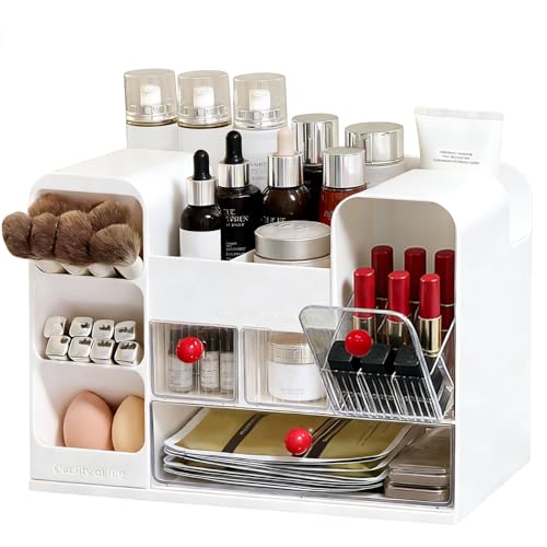 Makeup Organizer for Vanity with Brush Holder, Large Cosmetic & Skincare Organizer Countertop with Muti-Drawers, Cosmetic Display Case for Lipsticks, Nail Polishes, Perfumes, Eyeshadow (white)