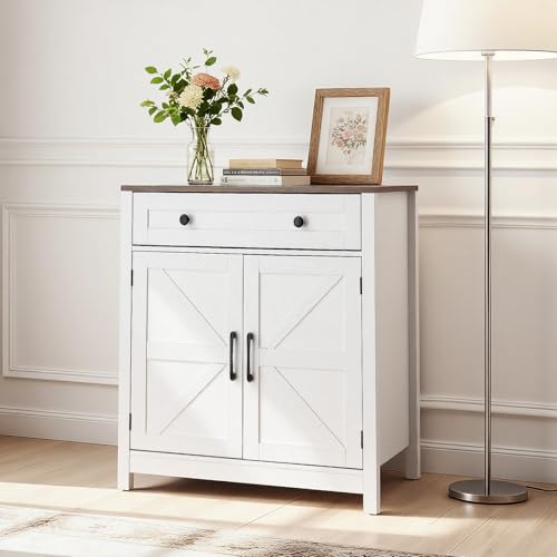 Farmhouse Buffet Cabinet with 2 Doors - White Sideboard with Adjustable Shelves and Drawer, 30" Coffee Bar Station