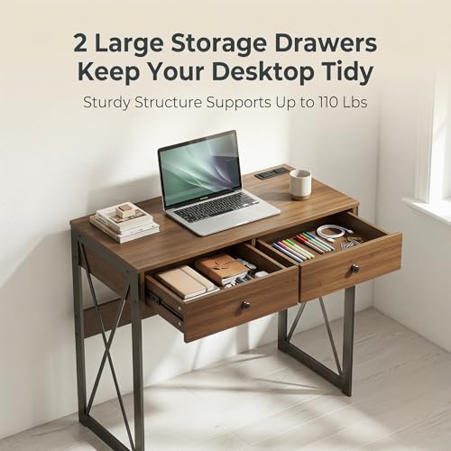 Small Rustic Brown Computer Desk with Power Outlets & USB Ports - 31.5 Inch Workspace