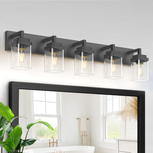 Matte Black Bathroom Light Fixtures - 5-Light Modern Vanity with Clear Glass Shades - Black / 5-Light