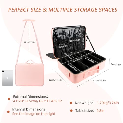 Large Pink Travel Makeup Case Organizer with Adjustable Dividers & Shoulder Strap