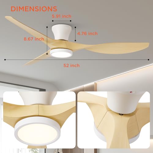 52 Inch Ceiling Fan with Lights and Remote Control - Light Oak Finish