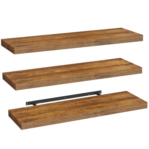 Floating Wall Shelves Set of 3 - Rustic Brown, 47.2 Inches, Thick Wall Mount Storage