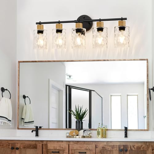 Matte Black 5-Light Coastal Vanity Light with Crystal Glass Shades – Farmhouse Bathroom Wall Fixture