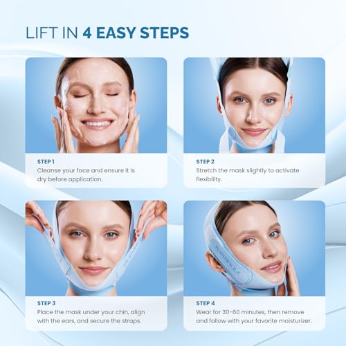 PLANTIFIQUE Chin Strap for Face Contouring - Reusable V Line Ice Silk Fabric Mask - Double Chin Shaping, Adjustable, Breathable Fabric - Jawline Shaper for Women & Men (Blue)