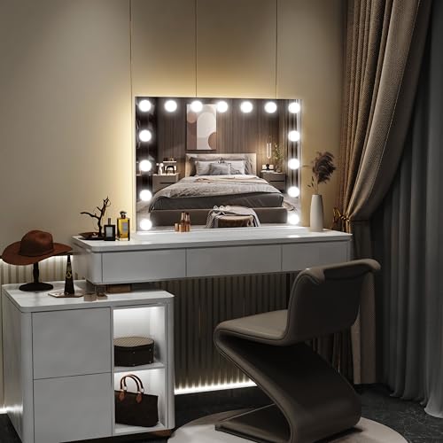 FENNIO Hollywood Vanity Mirror with Lights 23x18,Large Lighted Mirror Makeup Mirror with 15 Dimmable LED Bulbs, 3-Color Lighting