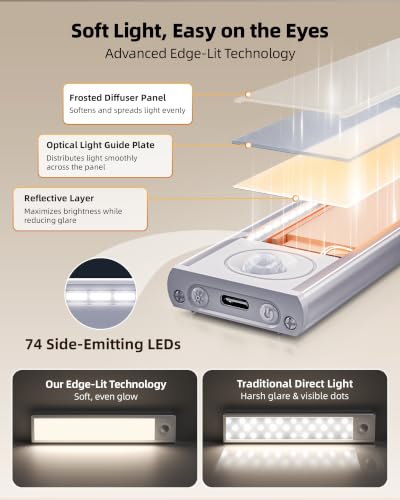 16-inch Rechargeable Motion Sensor Under Cabinet Light 6 Pack - Dimmable & 3 Color Temps