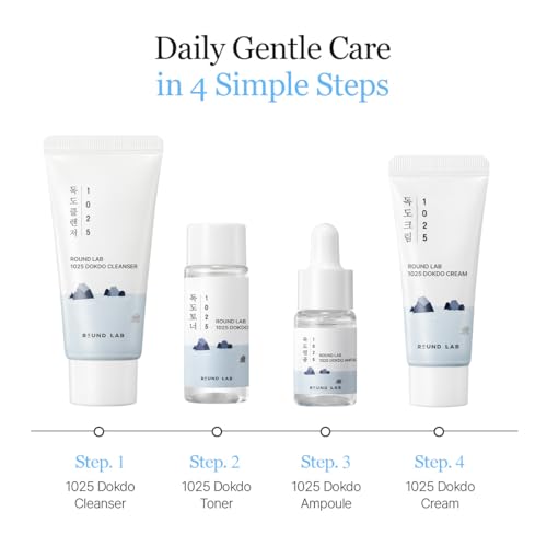 ROUND LAB 1025 Dokdo Hydrating Mini Size Kit (Cleanser, Toner, Ampule, Cream), Deep Hydration for Dry Skin, Daily Skin Care Routine Trial Kit for Moisture Care, Travel Size Gift Set, Korean Skin Care